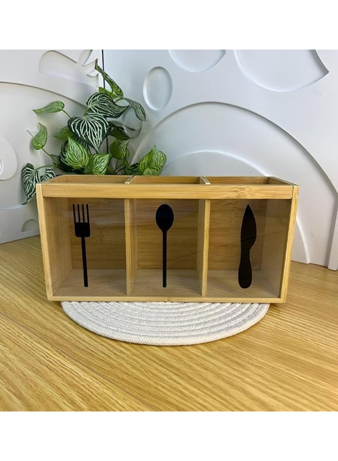 Orchid Wooden Cutlery Holder Organizer, Spoon Fork & Knife Storage Box with Transparent Panels, Bamboo Kitchen Utensil Stand for Dining Table & Countertop, Kitchen Cutlery Stand - Image 5